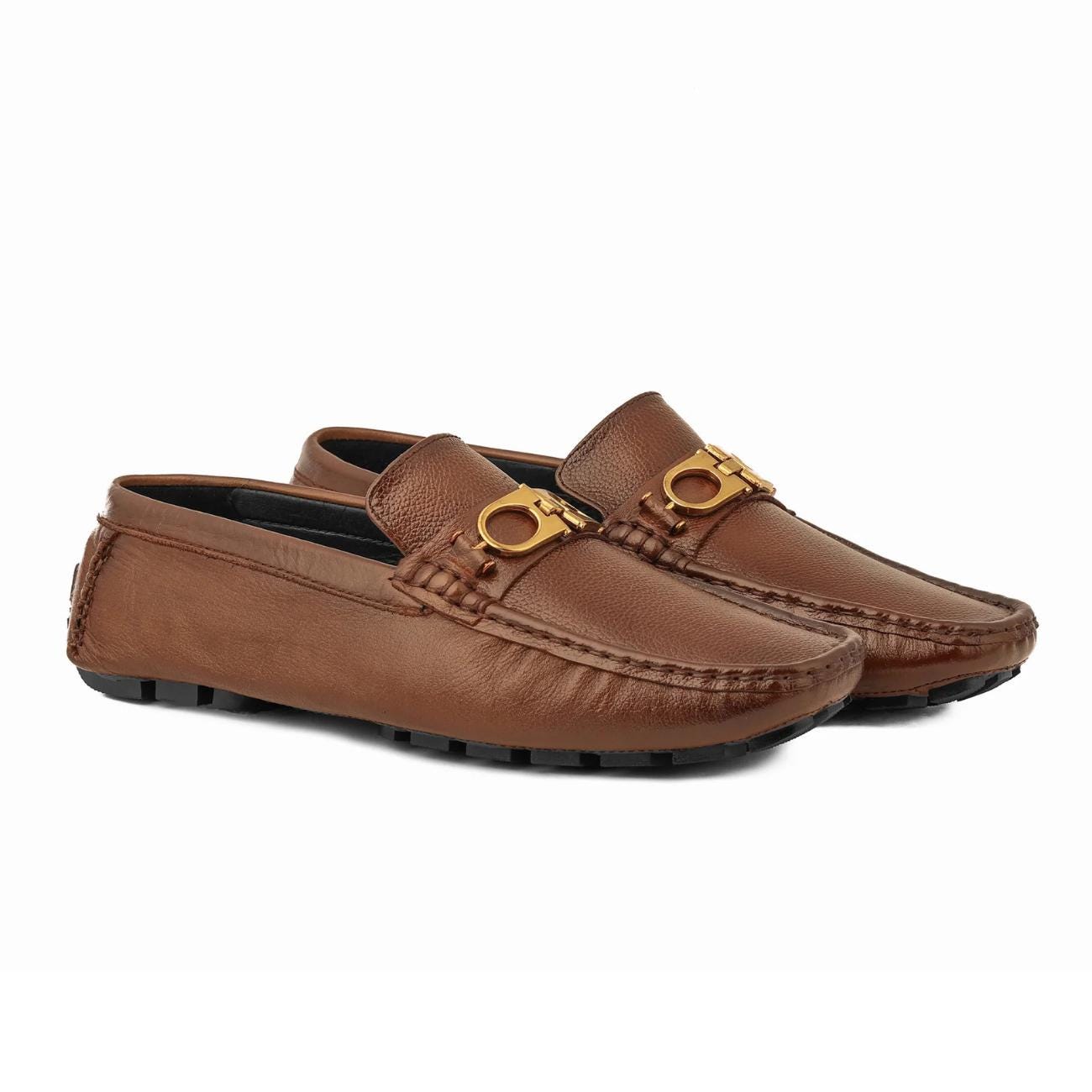 Men's Handmade Leather Horsebit Driver Loafers – Genuine Cowhide Moccasins, Imported Rubber Sole