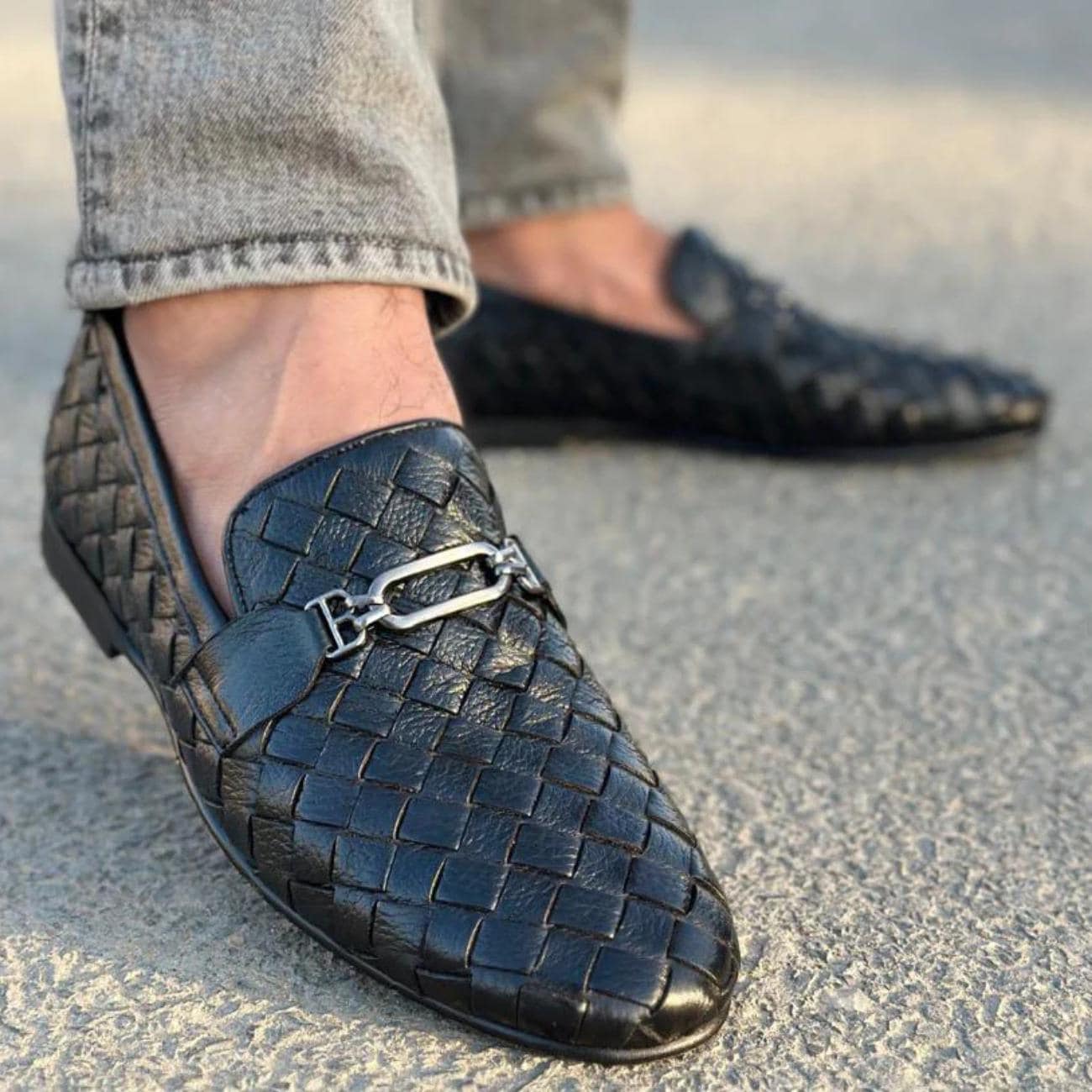 Handmade Woven Leather Loafers – Men's Dress Shoes with Rubber Sole – Mens Moccasins