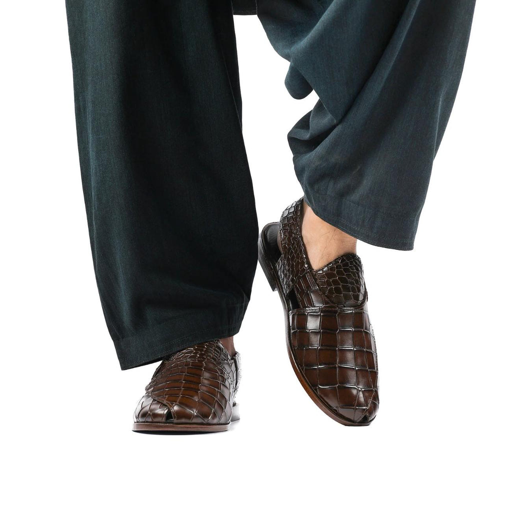 Handmade Croc Texture Leather Peshawari Chappal Sandals – Genuine Cow Leather Pakistani Footwear