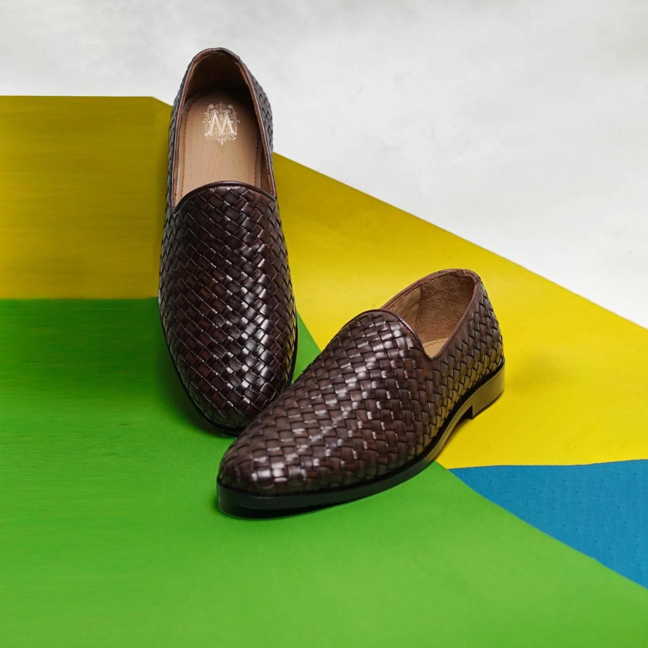 Handmade Woven Brown Leather Loafers: Men's Slip-On Moccasins Mens Shoes