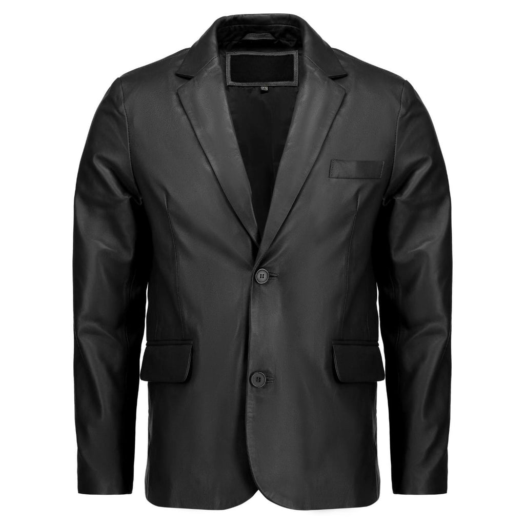 Handmade Men’s Leather Blazer – Black Lambskin Coat with Button Closure & Invisible Stitch Detailing