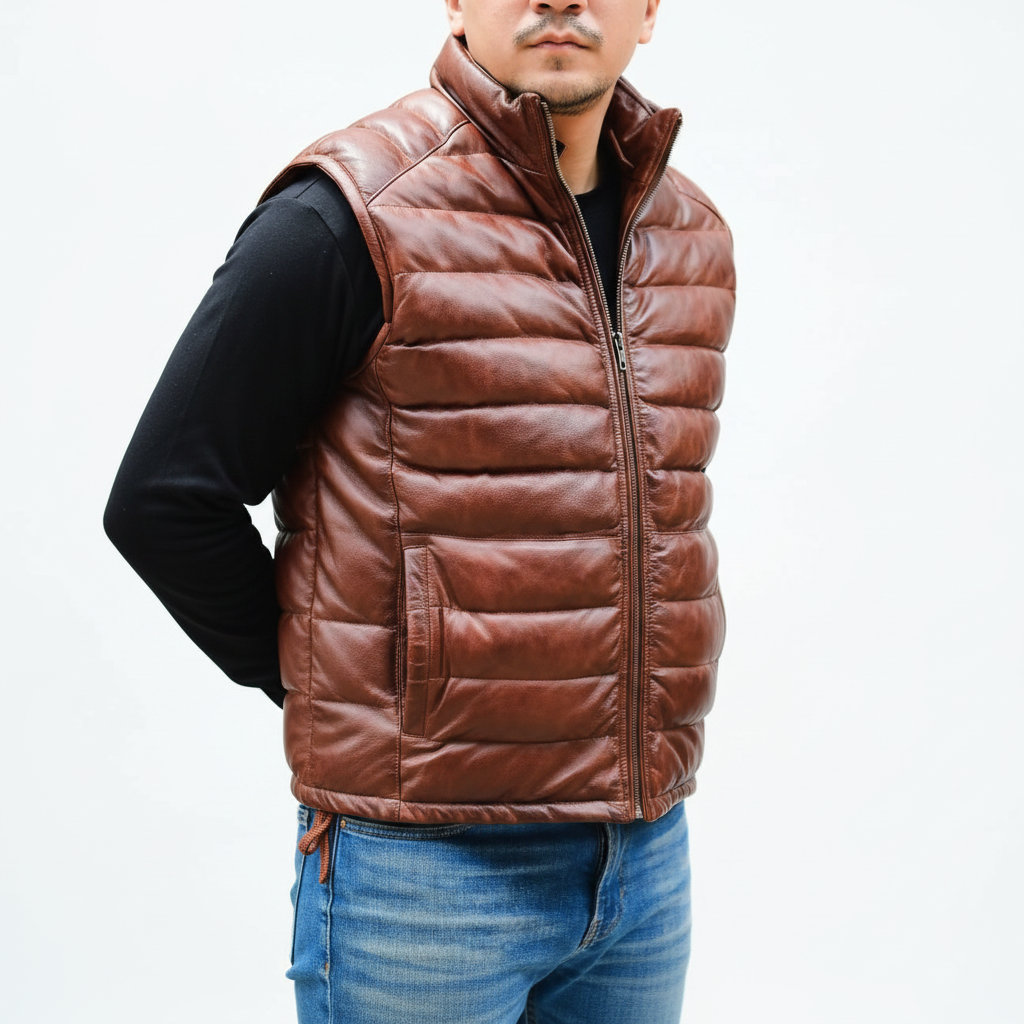 Men's handmade lambskin leather puffer vest by TAILOR LEATHER, featuring a padded design and classic collar, displayed on a neutral background.