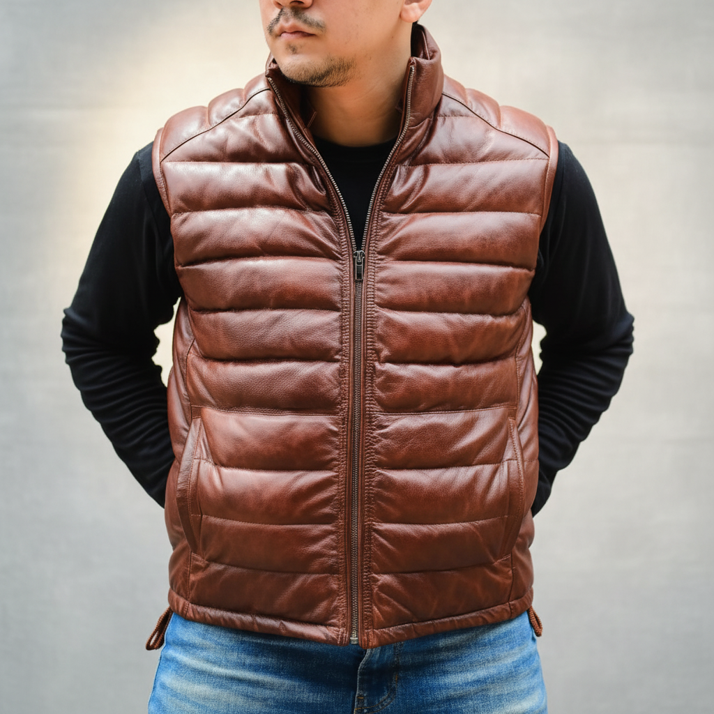 Men's handmade lambskin leather puffer vest by TAILOR LEATHER, featuring a glossy black, quilted design with a stand collar.