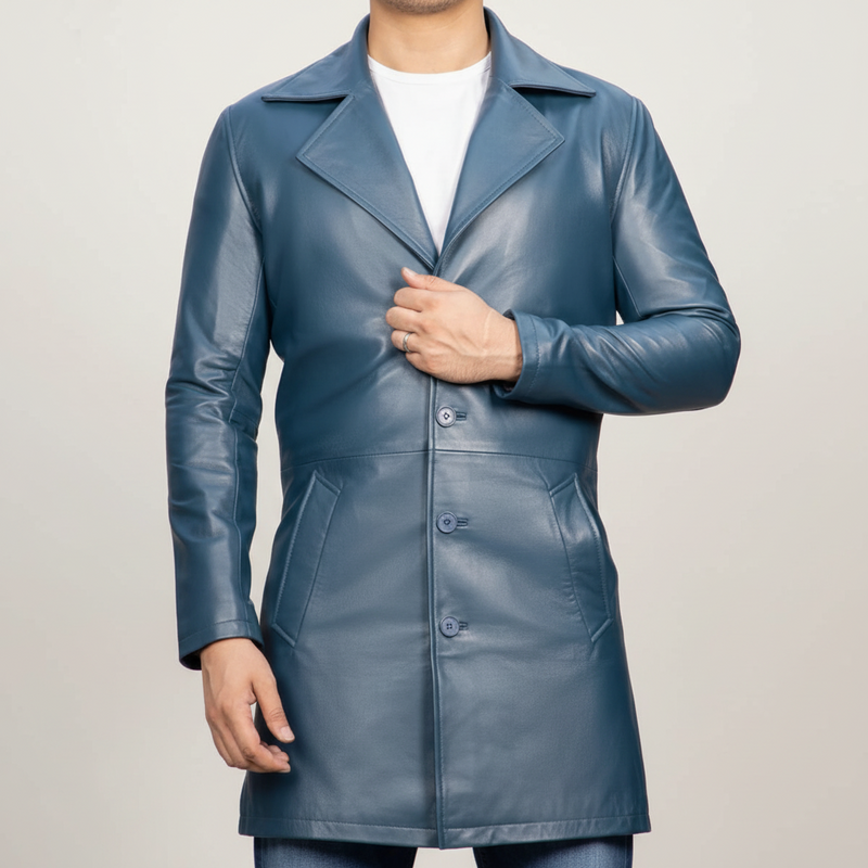 Men's handmade black leather trench coat by TAILOR LEATHER, featuring classic design and durable leather material.