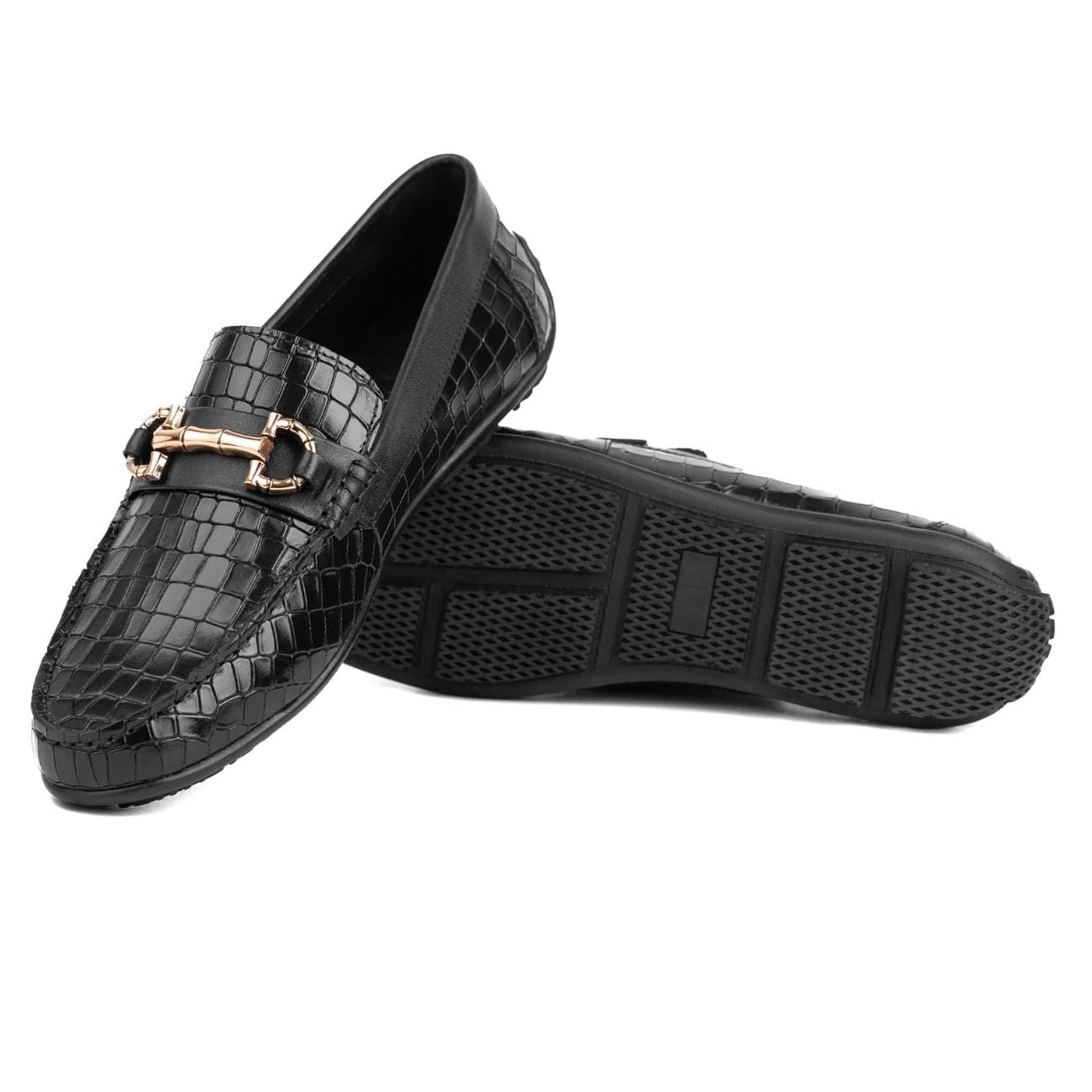 Men's Brown Crocodile Embossed Leather Loafers - Horsebit Driver Shoes - Driving Moccasins