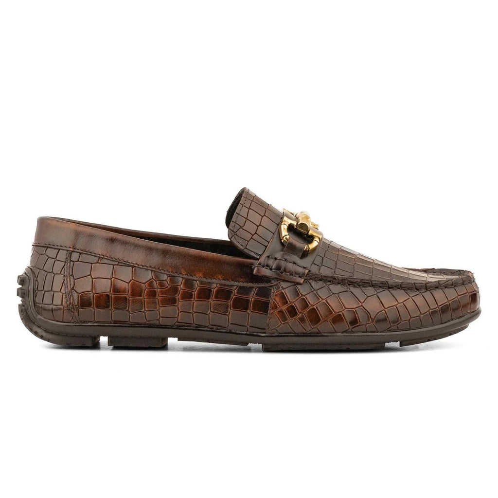 Men's Brown Crocodile Embossed Leather Loafers - Horsebit Driver Shoes - Driving Moccasins