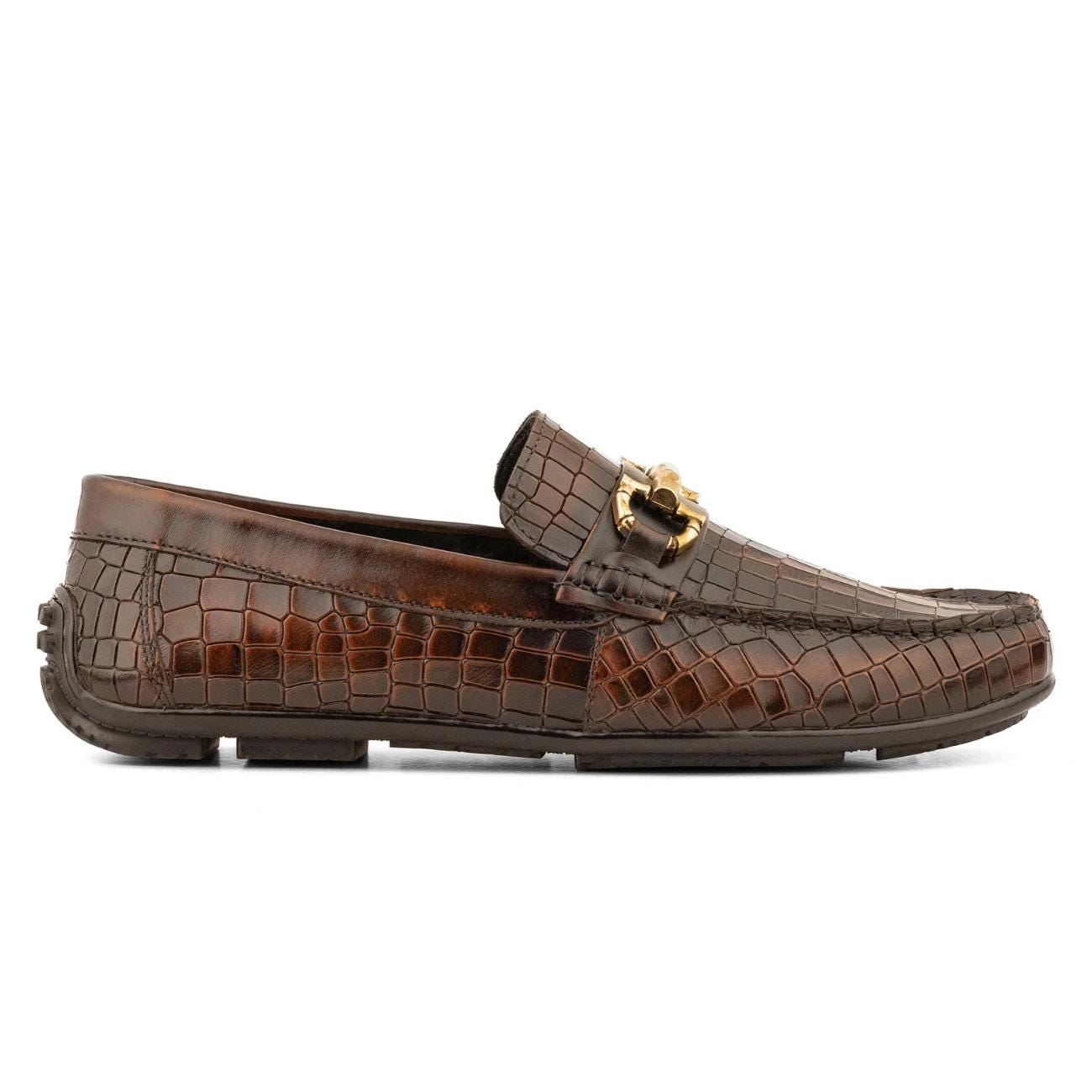 Men's Brown Crocodile Embossed Leather Loafers - Horsebit Driver Shoes - Driving Moccasins