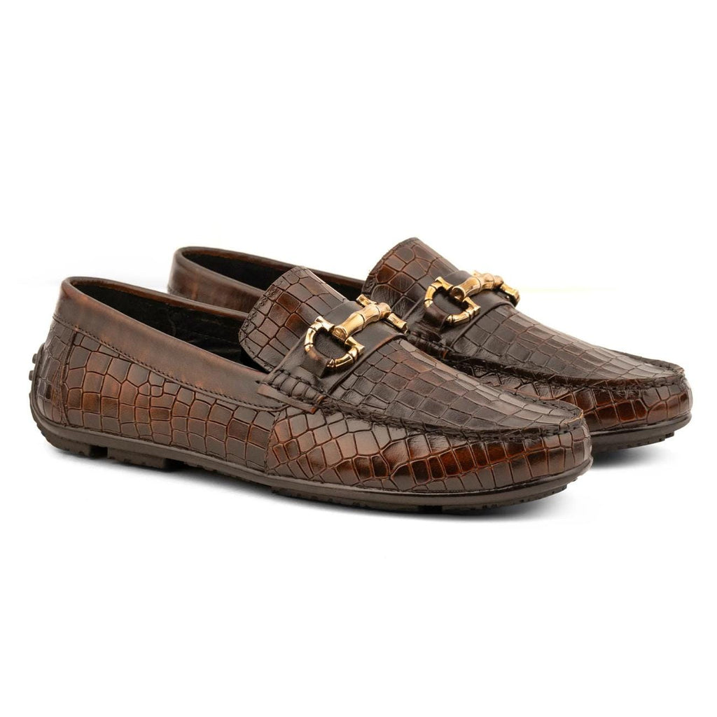 Men's Brown Crocodile Embossed Leather Loafers - Horsebit Driver Shoes - Driving Moccasins