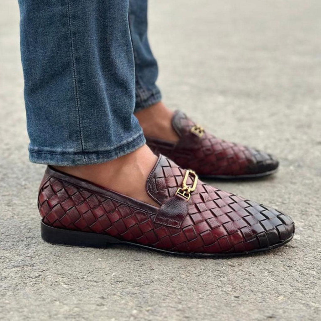 Handmade Woven Leather Loafers – Men's Dress Shoes with Rubber Sole – Mens Moccasins