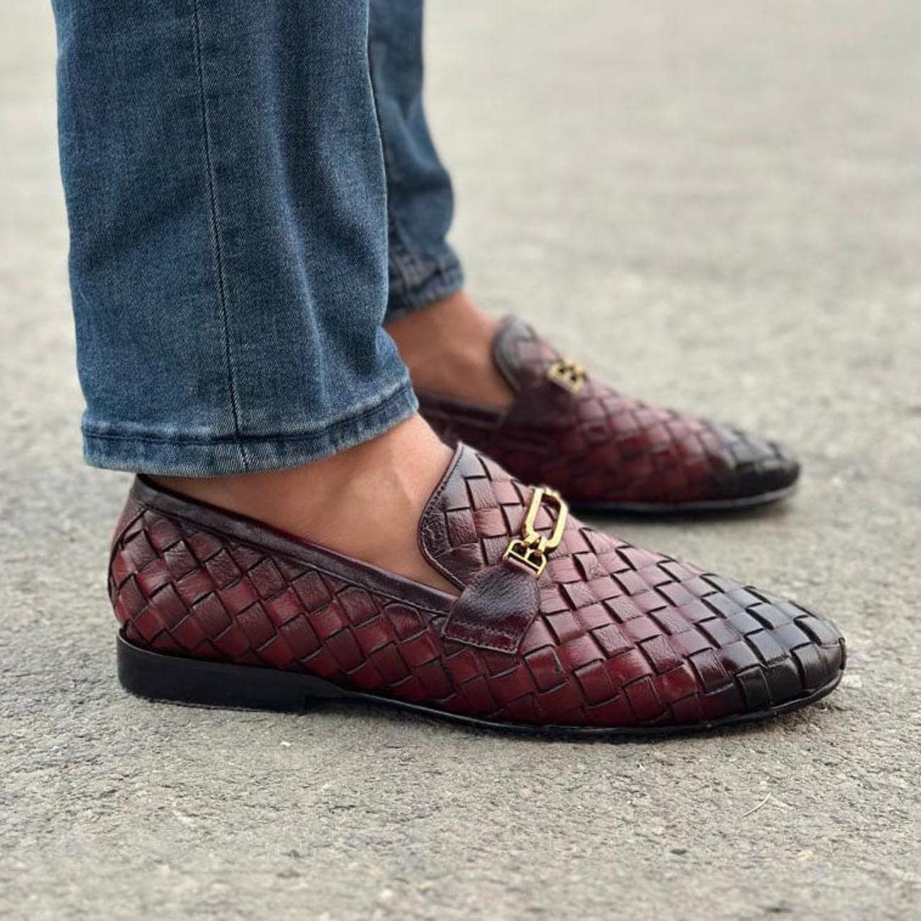 Handmade Woven Leather Loafers – Men's Dress Shoes with Rubber Sole – Mens Moccasins