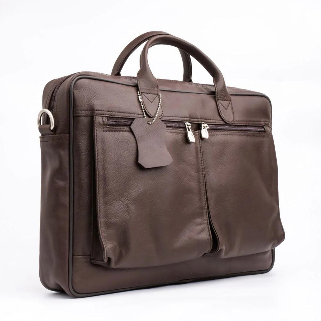 Full-Grain Leather Laptop Briefcase: 15.5" Messenger Bag with Antique Brass