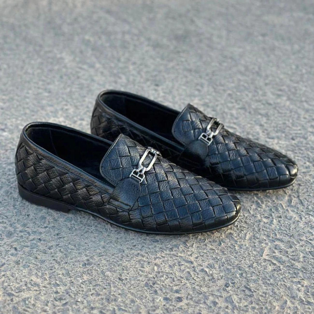 Handmade Woven Leather Loafers – Men's Dress Shoes with Rubber Sole – Mens Moccasins