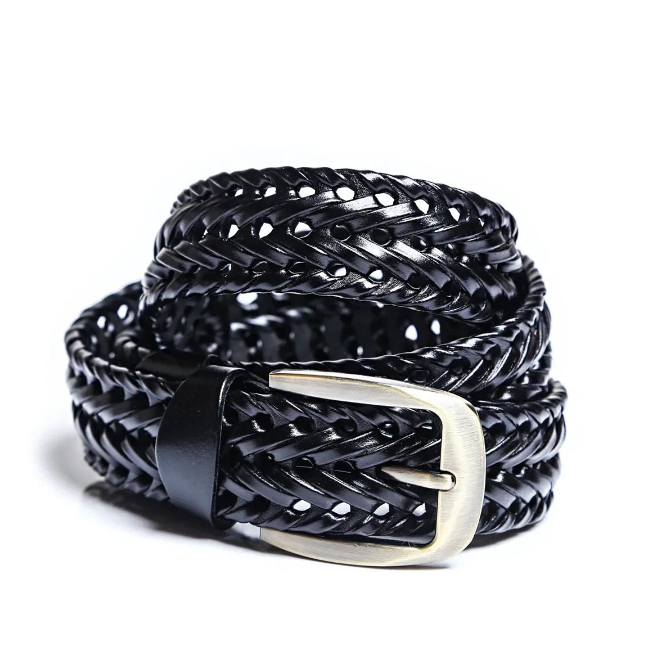 Handmade Braided Leather Belt Set: Black & Brown Woven Belts