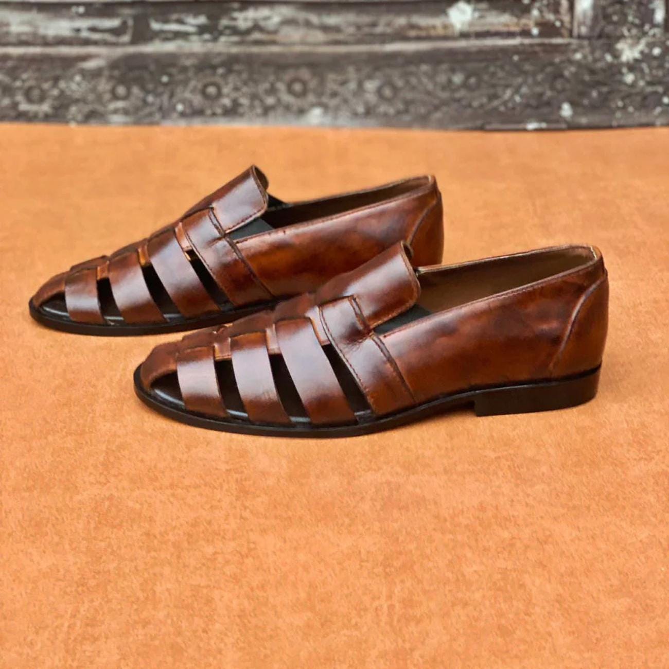 Greek Handmade Leather Fisherman Sandals: Mens Brown Cushioned Arch Support Shoes