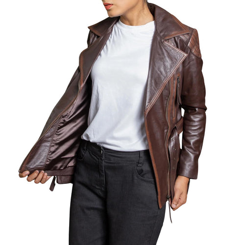 Distressed Brown Lambskin Leather Biker Jacket - Women's Retro Motorcycle Coat