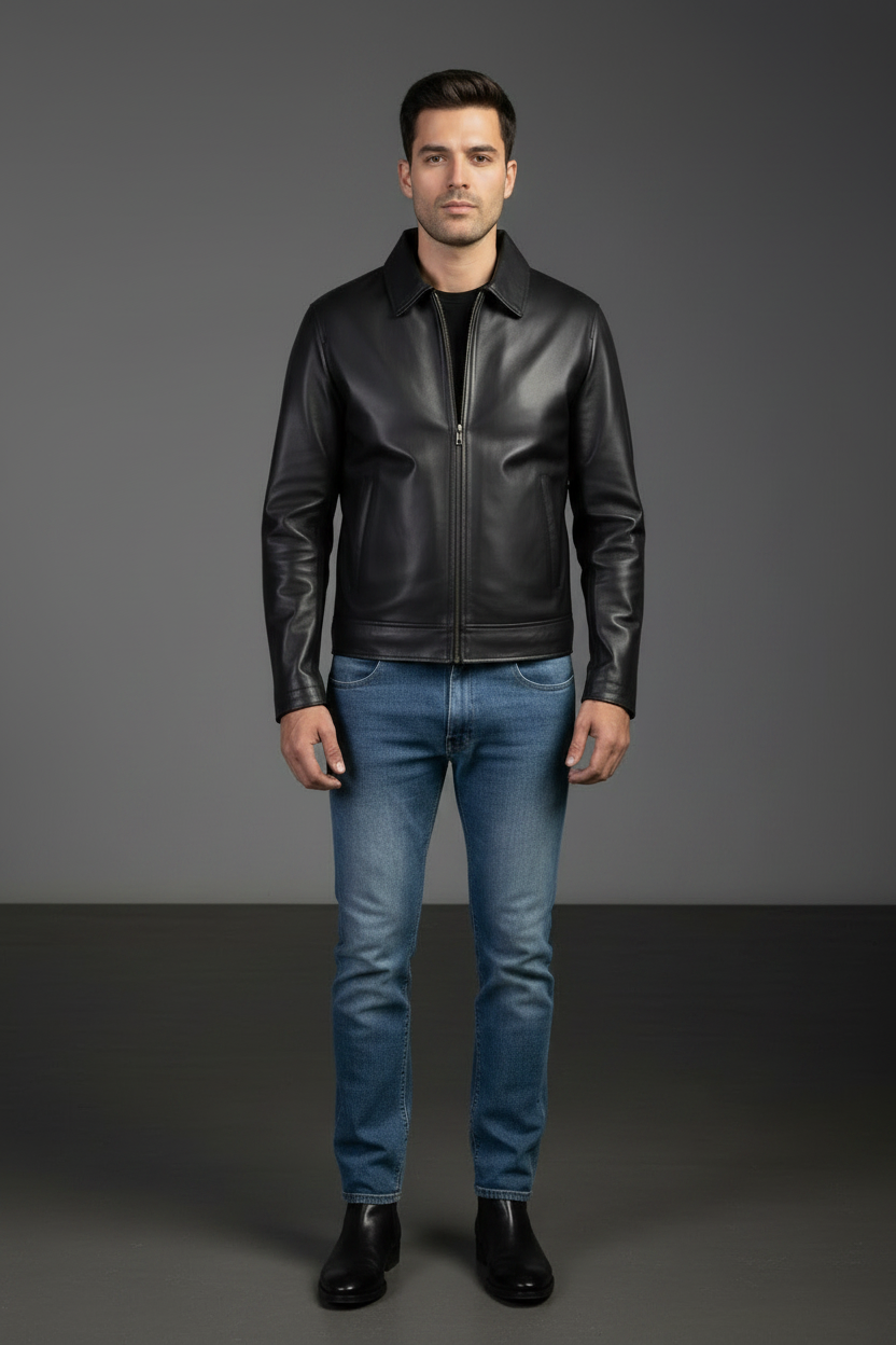 Men's handmade lambskin leather Harrington jacket by TAILOR LEATHER, shown in black with classic collar and zip closure.