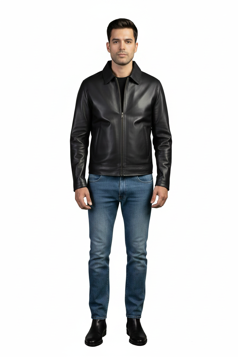 Men's handmade lambskin leather Harrington jacket by TAILOR LEATHER, shown in classic style with a front zipper and ribbed cuffs.