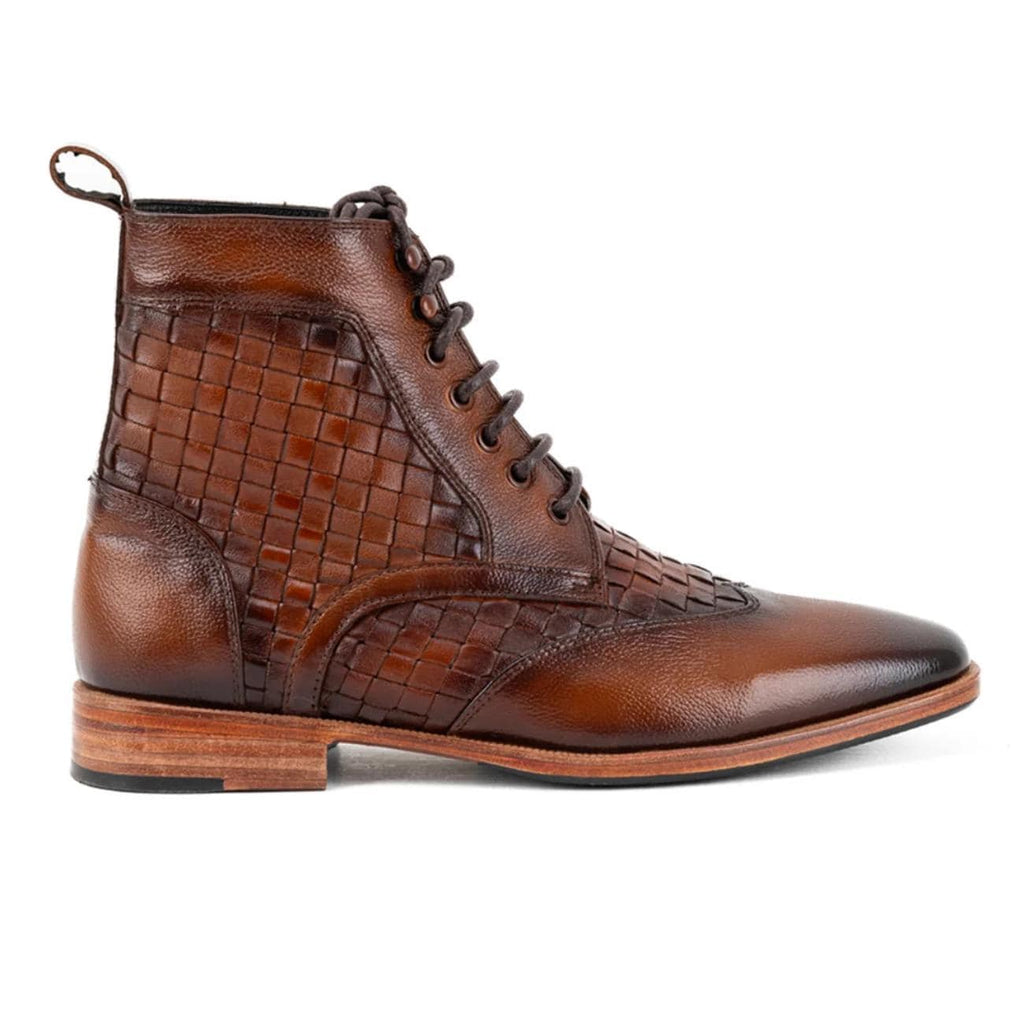Men's Handwoven Leather Ankle Boots – Genuine Cowhide Vintage Style Lace-Up Shoes with Leather Sole