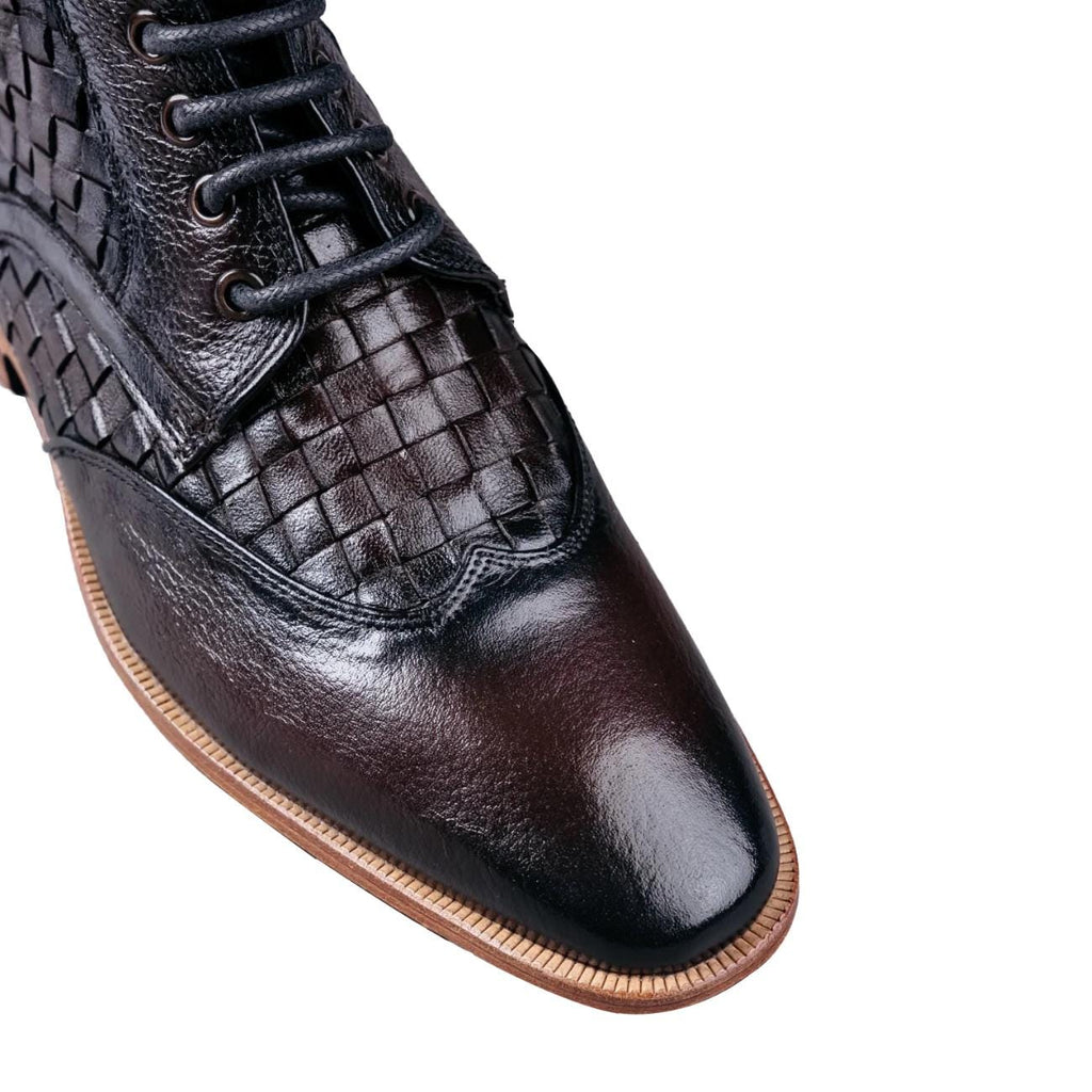 Black men's handmade leather ankle boot with woven leather detail, round toe, lace-up closure, durable sole, stylish for formal wear