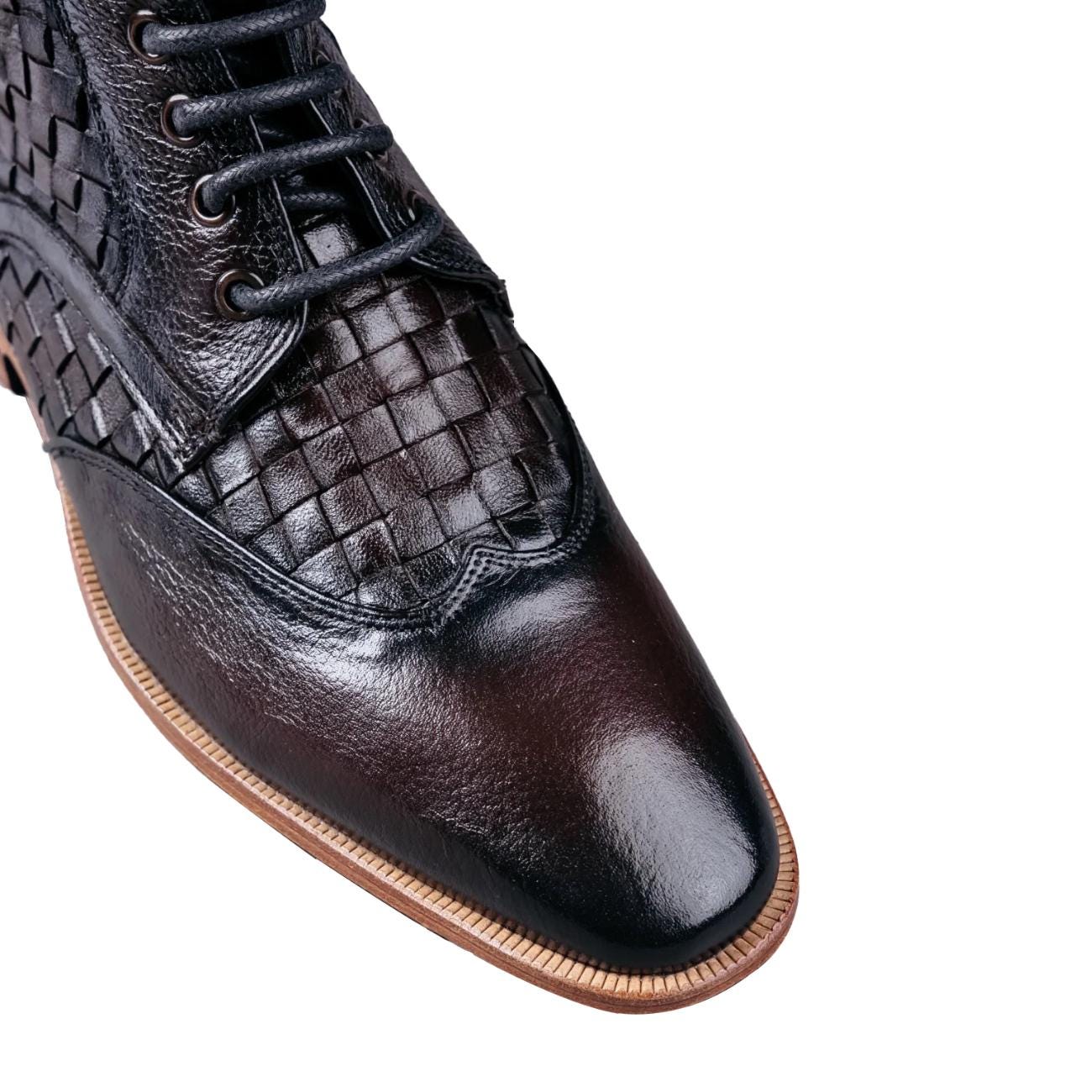 Black men's handmade leather ankle boot with woven leather detail, round toe, lace-up closure, durable sole, stylish for formal wear