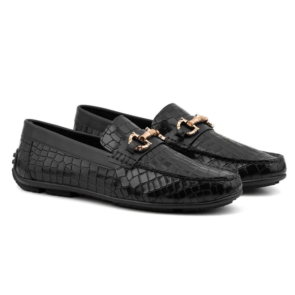 Men's Brown Crocodile Embossed Leather Loafers - Horsebit Driver Shoes - Driving Moccasins