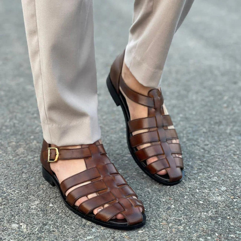 Mens Handmade Greek Leather Fisherman Sandals:  Cushioned Arch Support with Adjustable Buckle