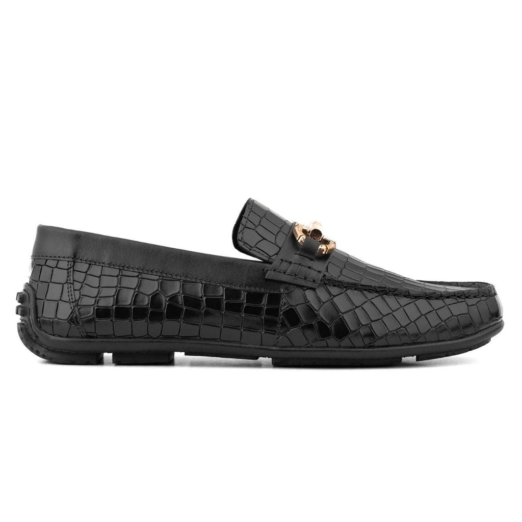 Men's Brown Crocodile Embossed Leather Loafers - Horsebit Driver Shoes - Driving Moccasins