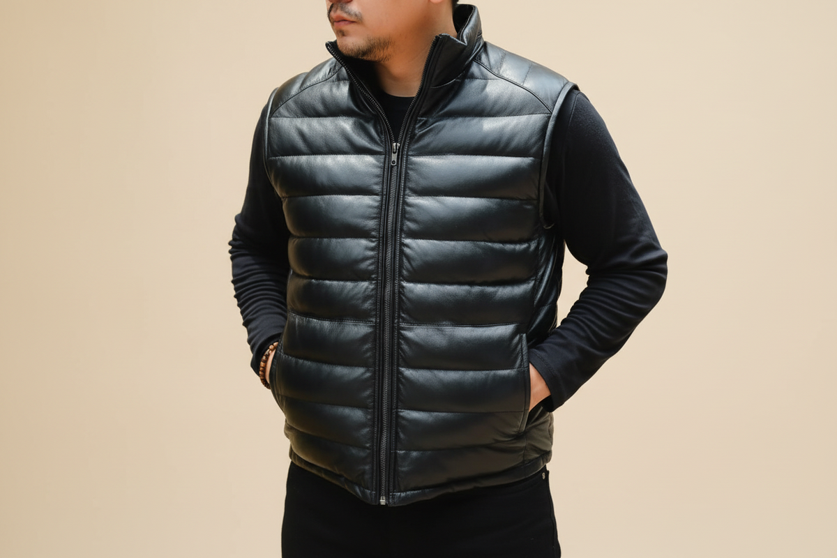 Men's handmade lambskin leather puffer vest by TAILOR LEATHER, featuring a quilted design and front zipper closure.