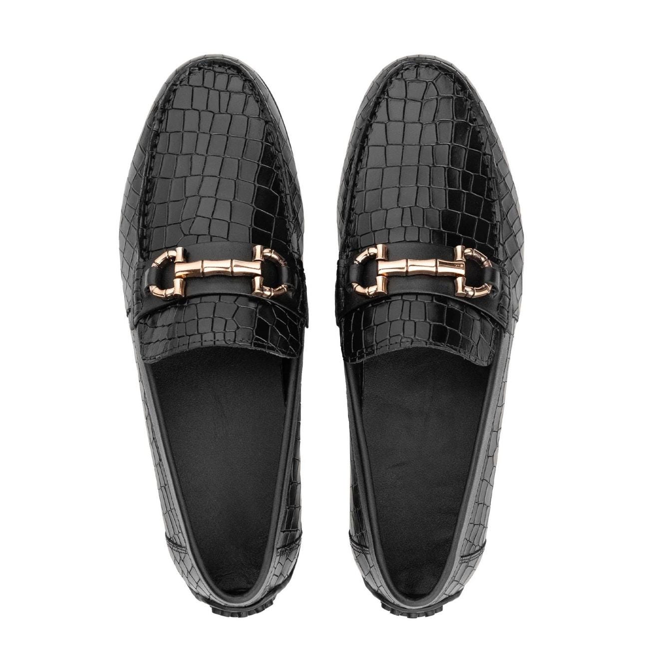 Men's Brown Crocodile Embossed Leather Loafers - Horsebit Driver Shoes - Driving Moccasins