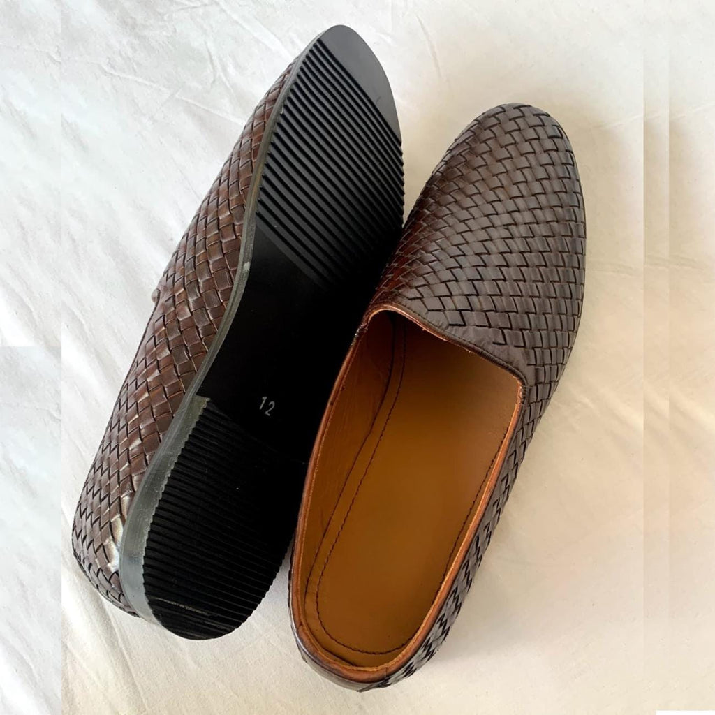 Handmade Woven Brown Leather Loafers: Men's Slip-On Moccasins Mens Shoes