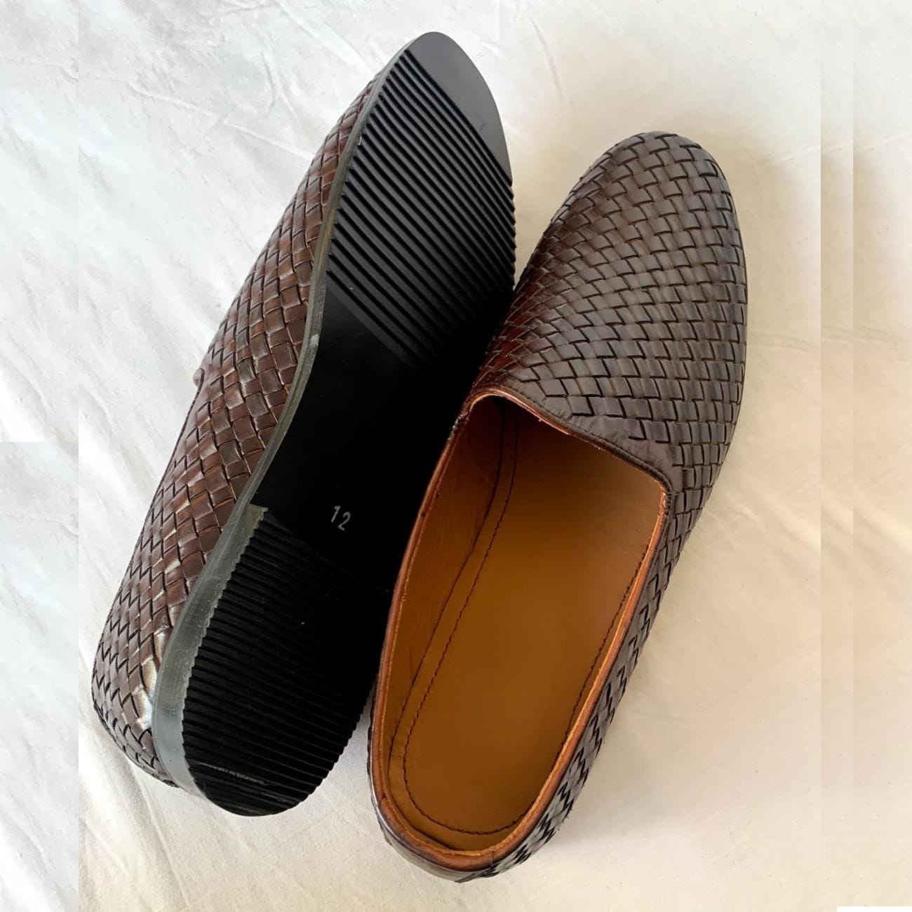 Handmade Woven Brown Leather Loafers: Men's Slip-On Moccasins Mens Shoes