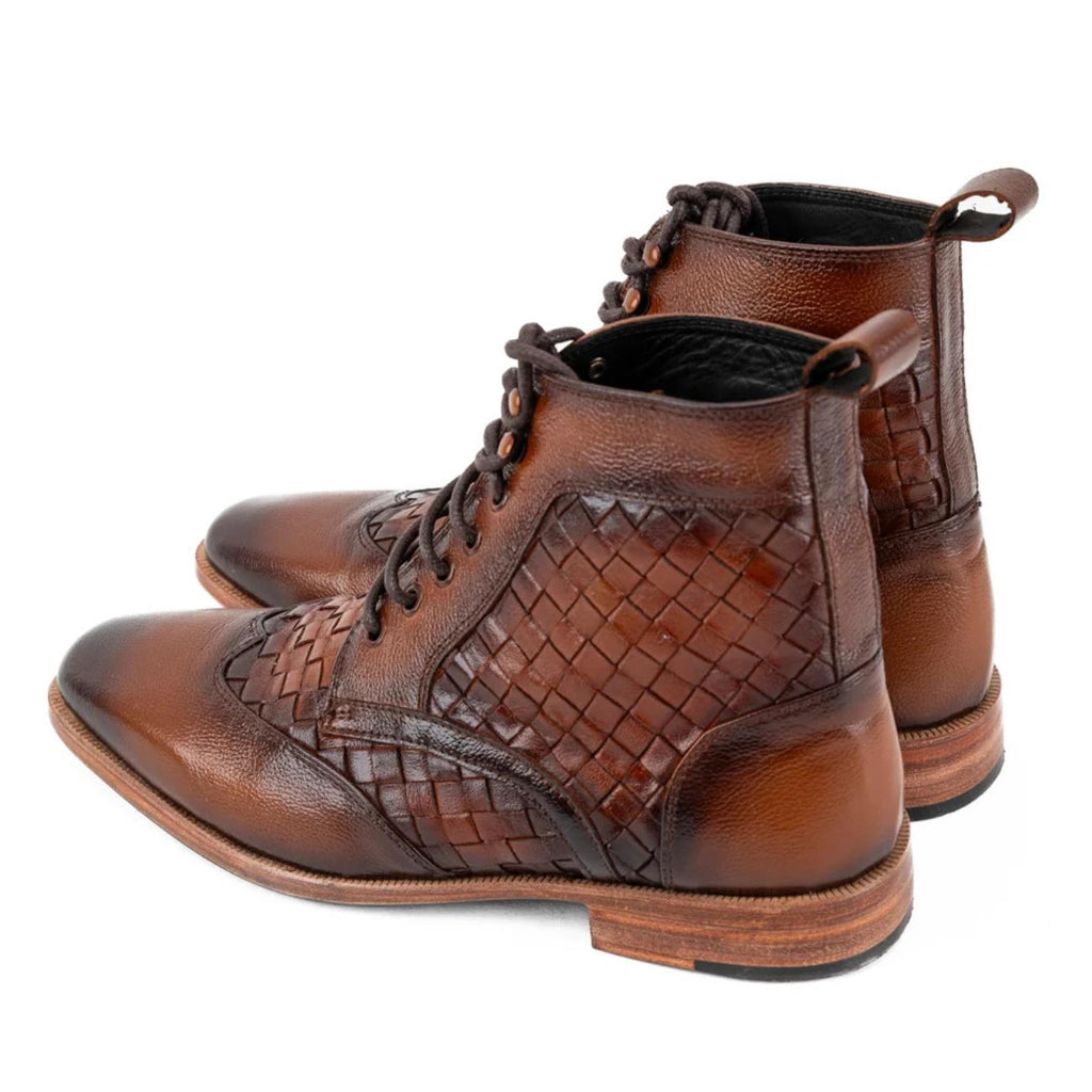 Men's Handwoven Leather Ankle Boots – Genuine Cowhide Vintage Style Lace-Up Shoes with Leather Sole