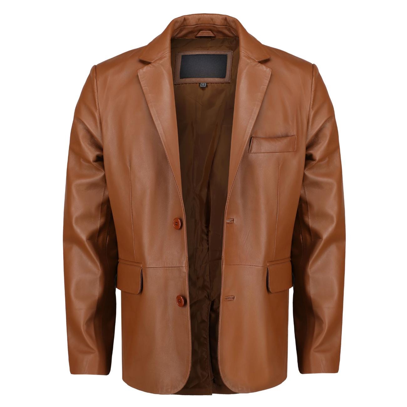 Handmade Men’s Leather Blazer – Black Lambskin Coat with Button Closure & Invisible Stitch Detailing