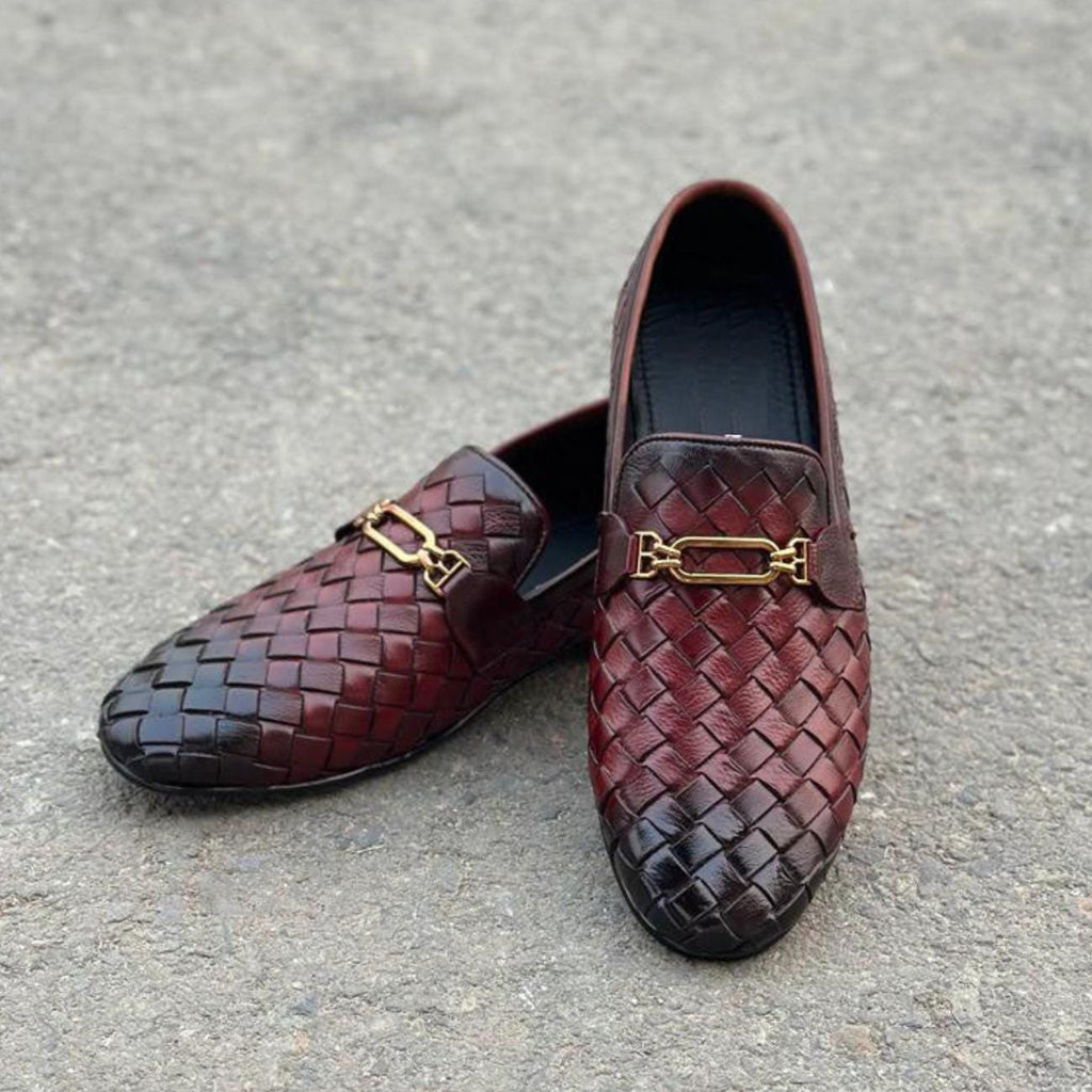 Handmade Woven Leather Loafers – Men's Dress Shoes with Rubber Sole – Mens Moccasins
