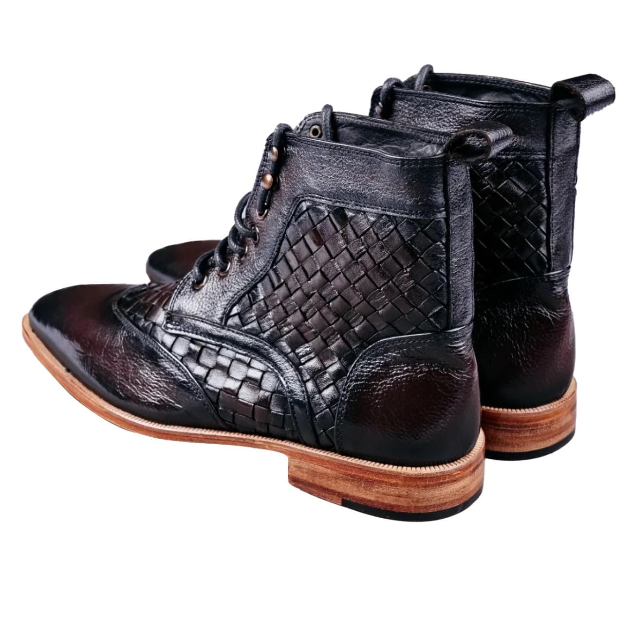 Men's Handwoven Leather Ankle Boots – Genuine Cowhide Vintage Style Lace-Up Shoes with Leather Sole