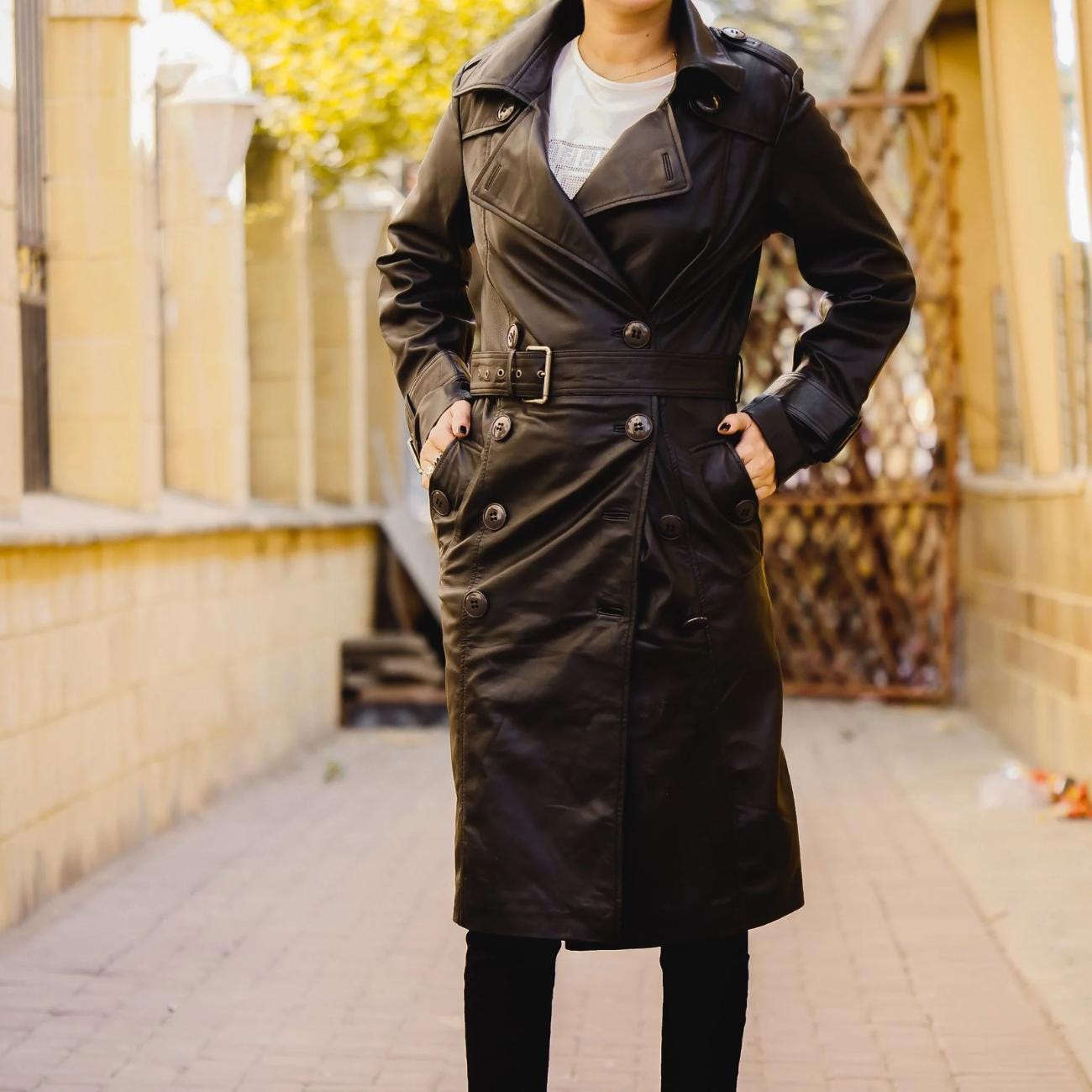 Handmade Lambskin Leather Trench Coat: Double-Breasted Belted Winter Coat Oversized Jacket for Women