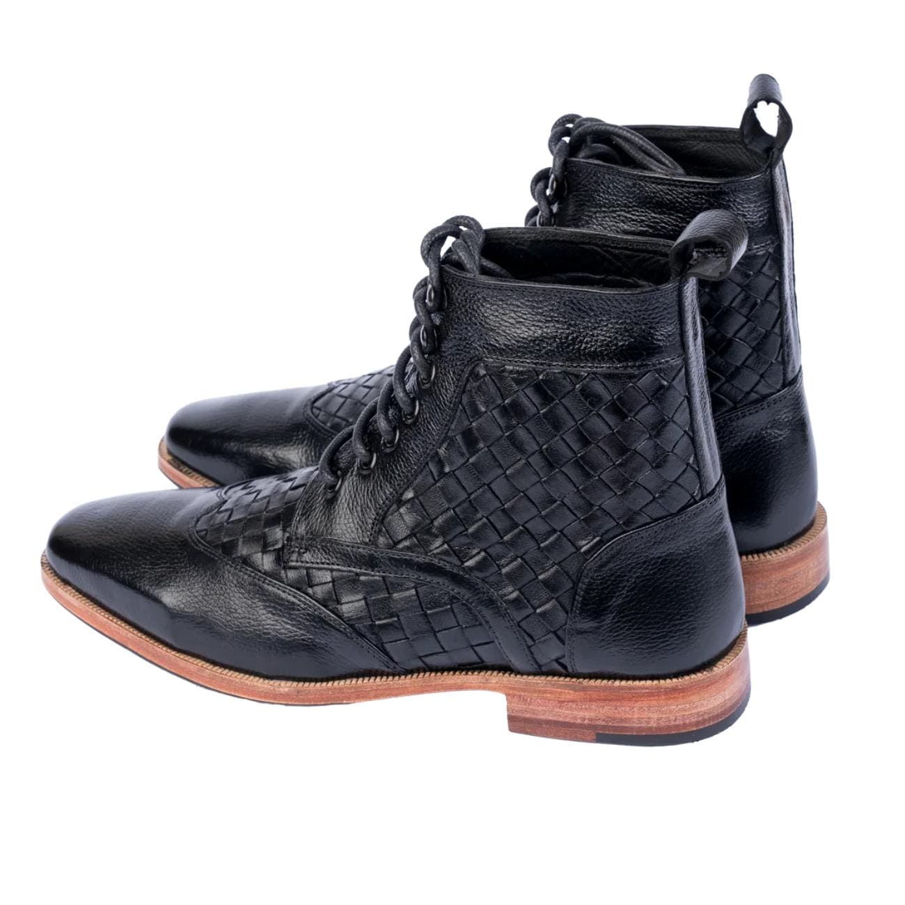 Men's Handwoven Leather Ankle Boots – Genuine Cowhide Vintage Style Lace-Up Shoes with Leather Sole