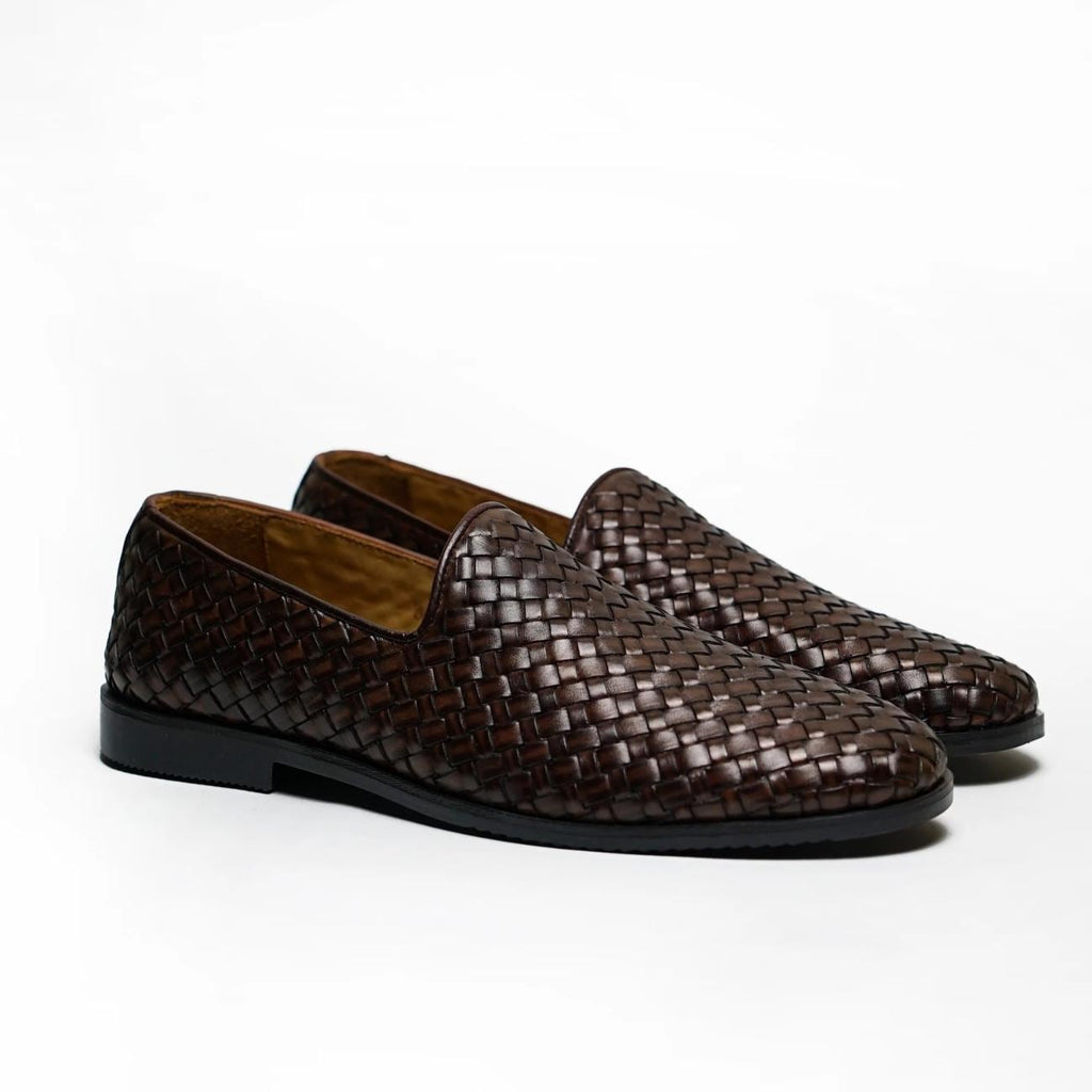 Handmade Woven Brown Leather Loafers: Men's Slip-On Moccasins Mens Shoes