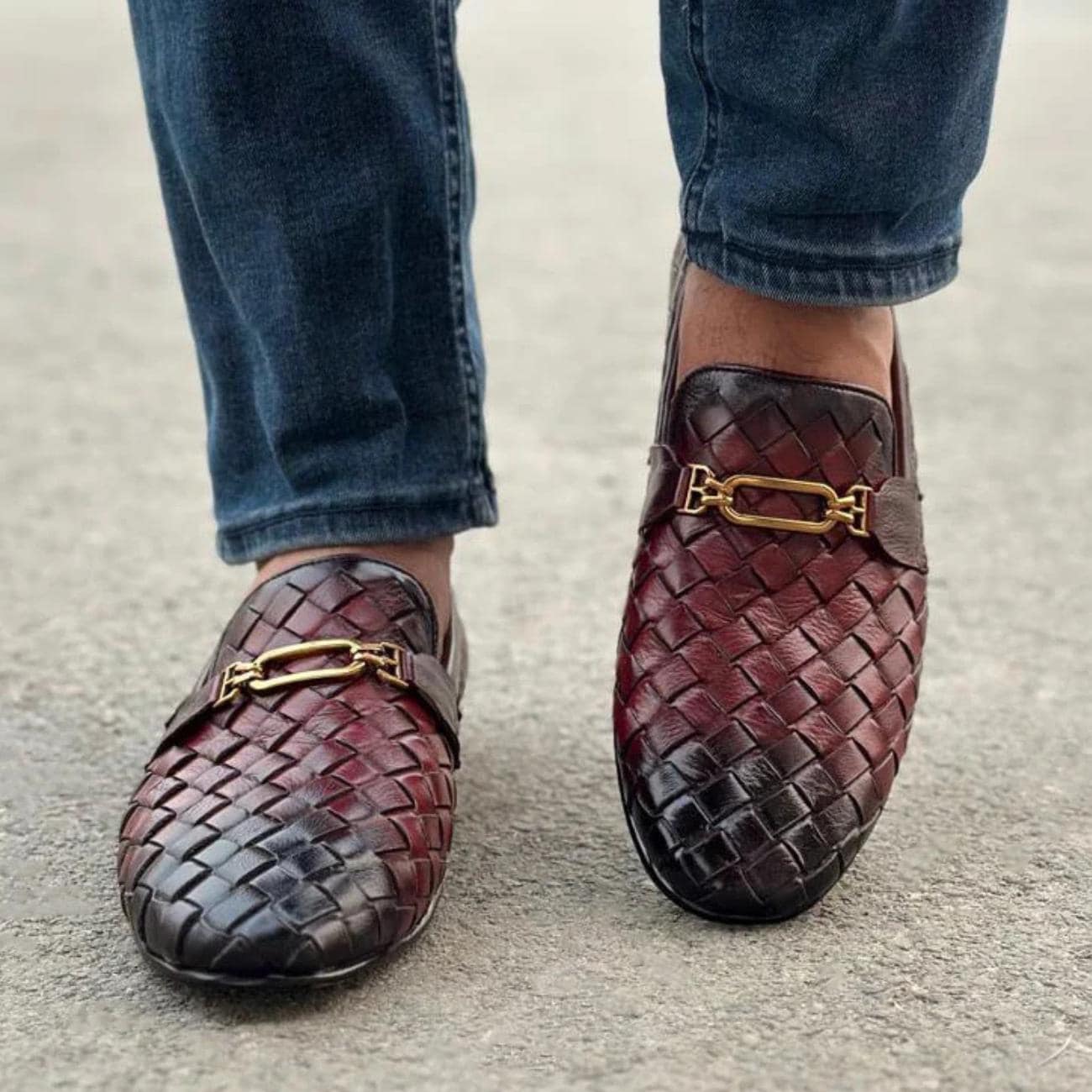 Handmade Woven Leather Loafers – Men's Dress Shoes with Rubber Sole – Mens Moccasins