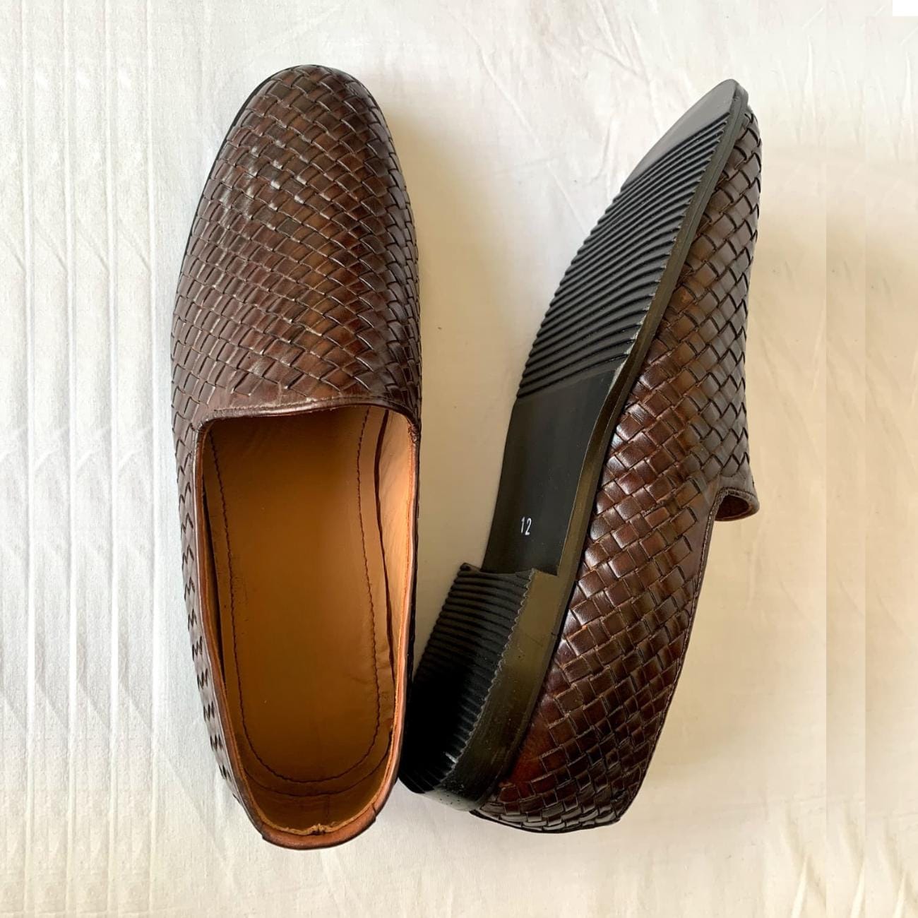 Handmade Woven Brown Leather Loafers: Men's Venetian Slip-Ons Moccasins