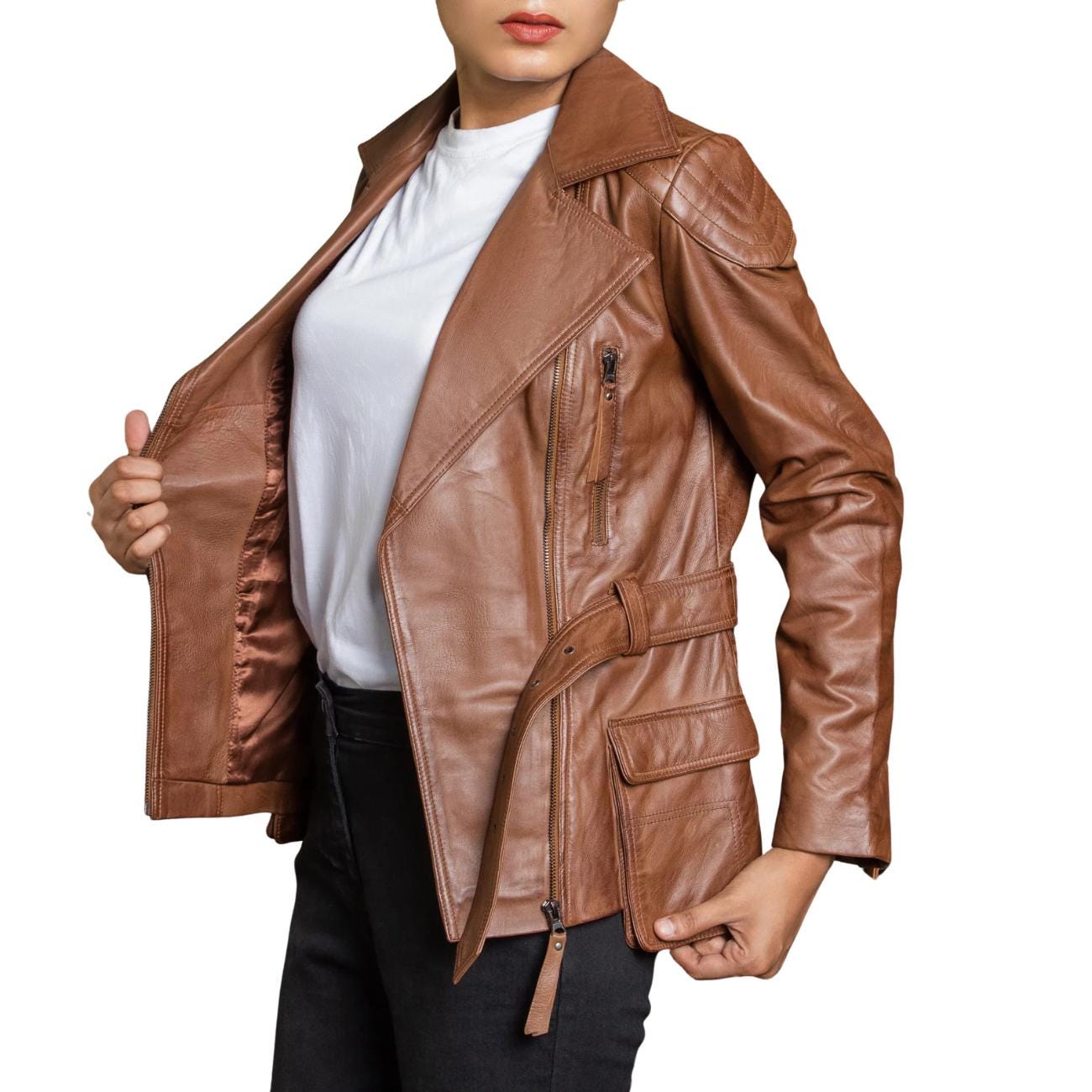 Distressed Brown Lambskin Leather Biker Jacket - Women's Retro Motorcycle Coat