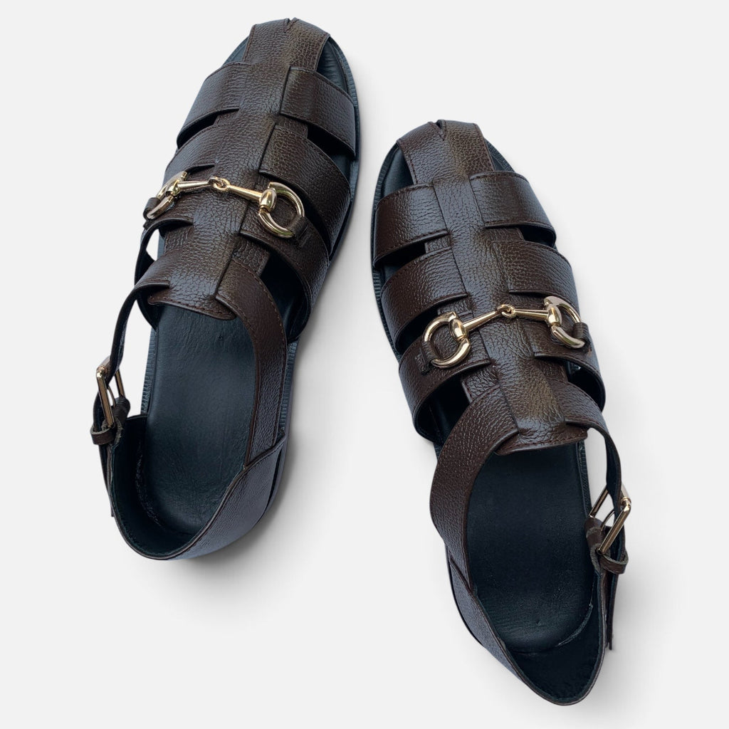 Men's handmade leather fisherman sandals by TAILOR LEATHER featuring brown leather straps and sturdy soles.