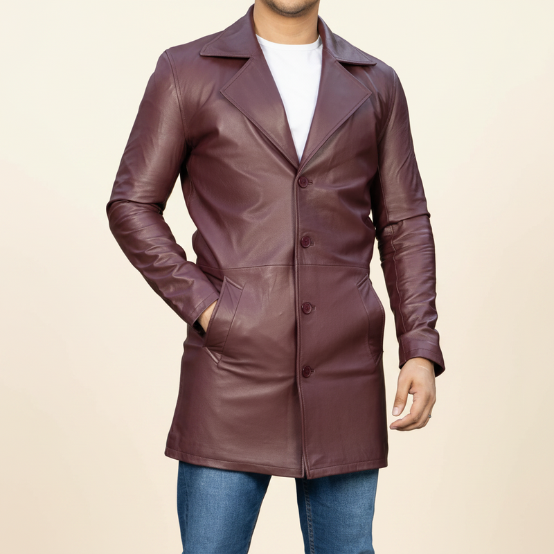 Men's black leather trench coat by TAILOR LEATHER, showcasing the back view with tailored seams and smooth leather finish.