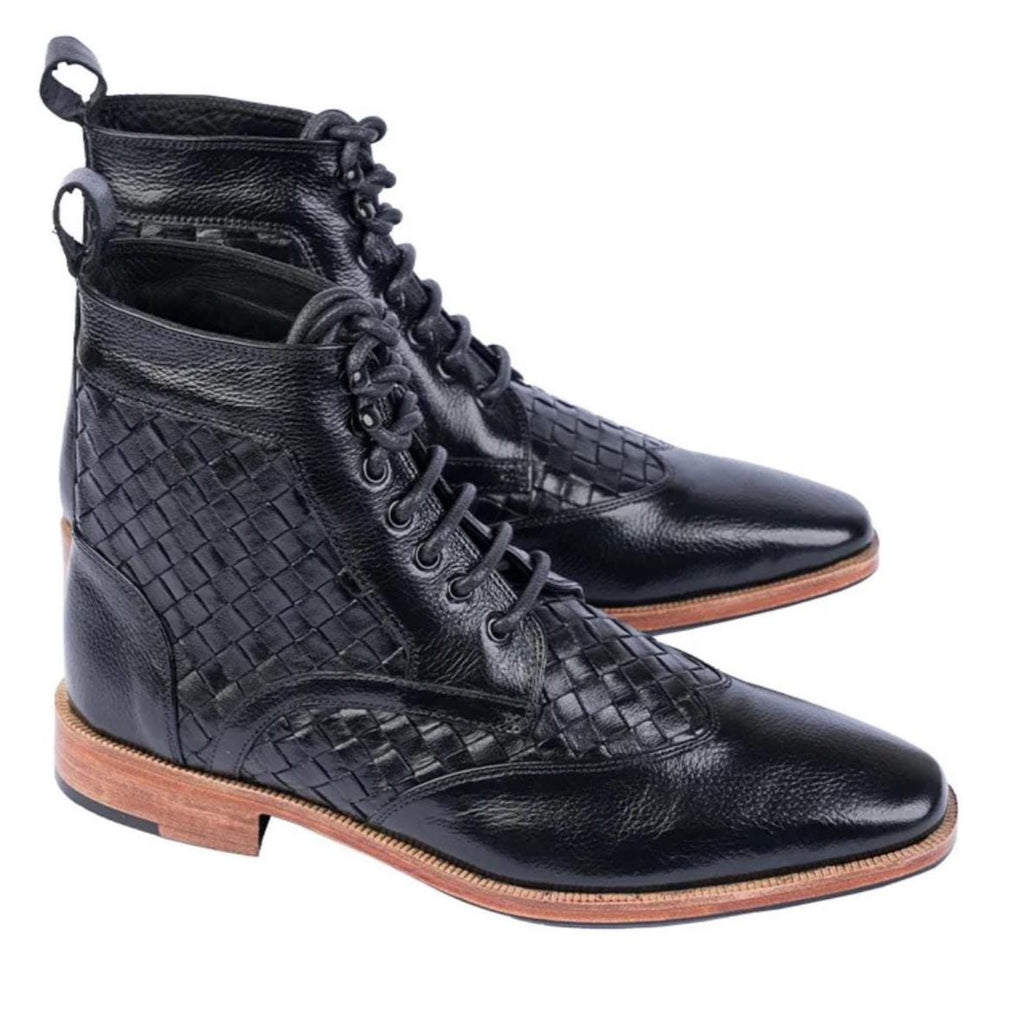 Men's Handwoven Leather Ankle Boots – Genuine Cowhide Vintage Style Lace-Up Shoes with Leather Sole