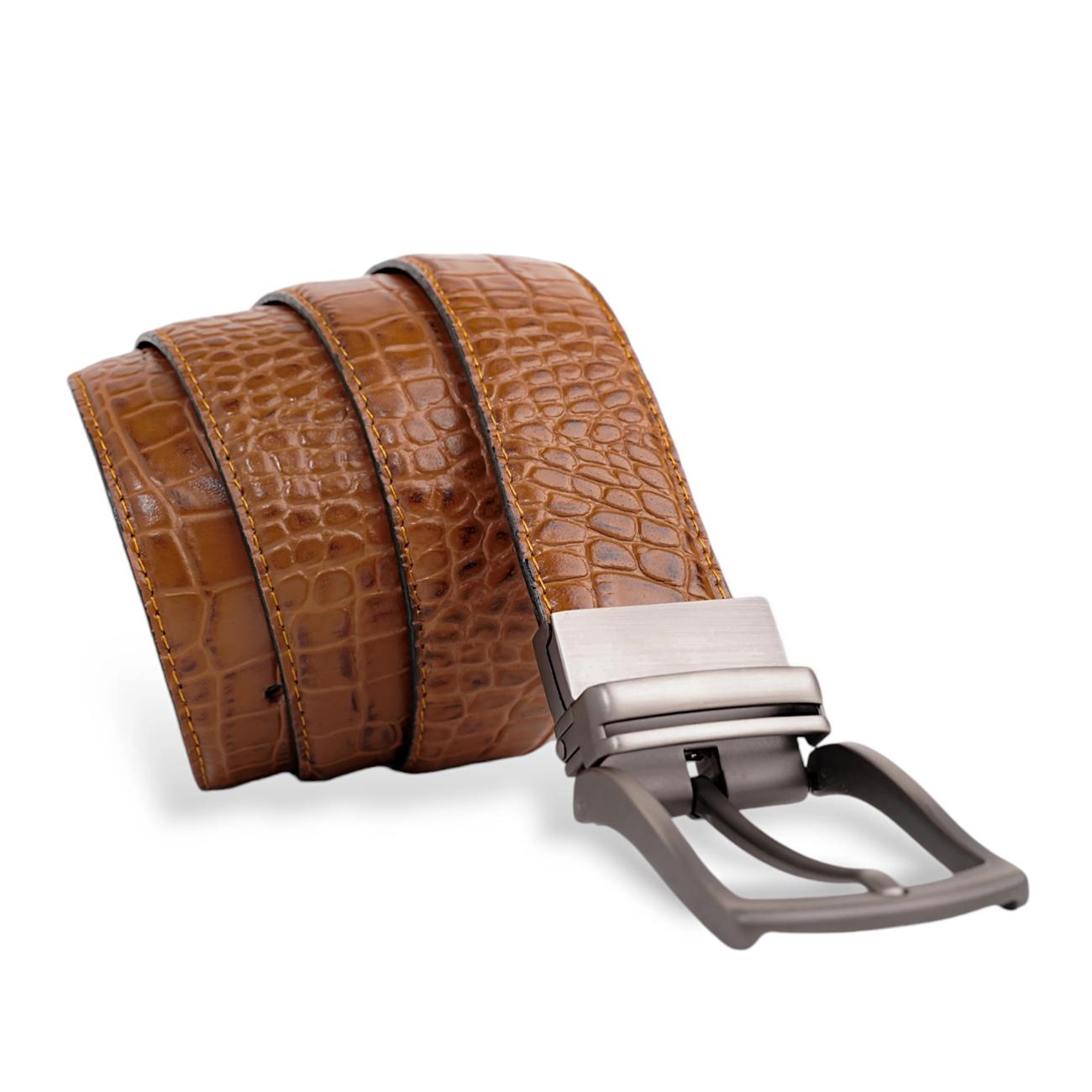 Handmade Reversible Men’s Leather Belt – Crocodile Textured & Smooth Finish with Silver-Tone Buckle
