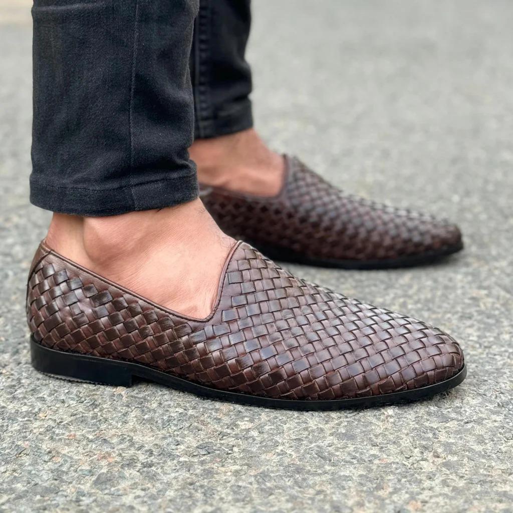 Handmade Woven Brown Leather Loafers: Men's Venetian Slip-Ons Moccasins