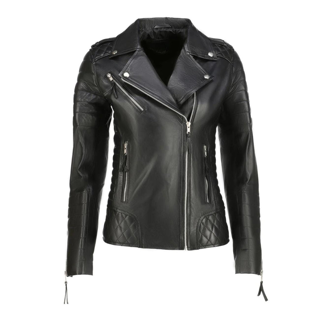 Handmade Quilted Lambskin Leather Biker Jacket - Slim Fit Multi-Zip Jackets for Women