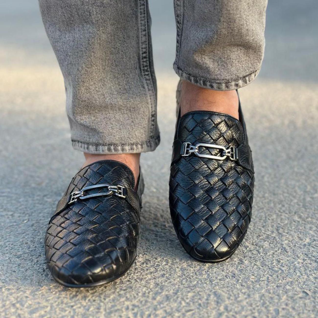 Handmade Woven Leather Loafers – Men's Dress Shoes with Rubber Sole – Mens Moccasins