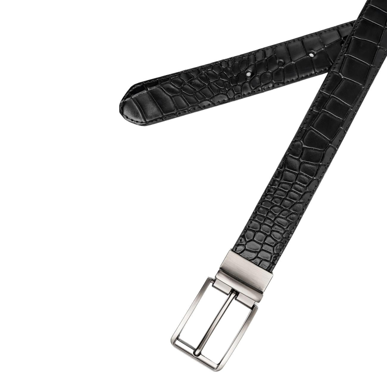 Handmade Reversible Men’s Leather Belt – Crocodile Textured & Smooth Finish with Silver-Tone Buckle