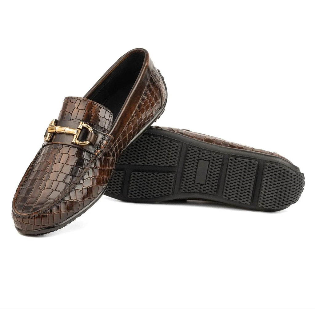 Men's Brown Crocodile Embossed Leather Loafers - Horsebit Driver Shoes - Driving Moccasins